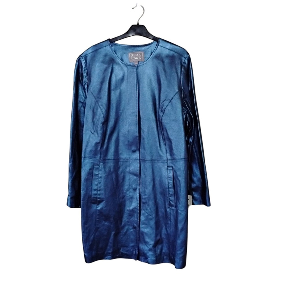 Jessica London Metallic Teal Blue Genuine Leather Coat Duster Plus Size 20W NEW
